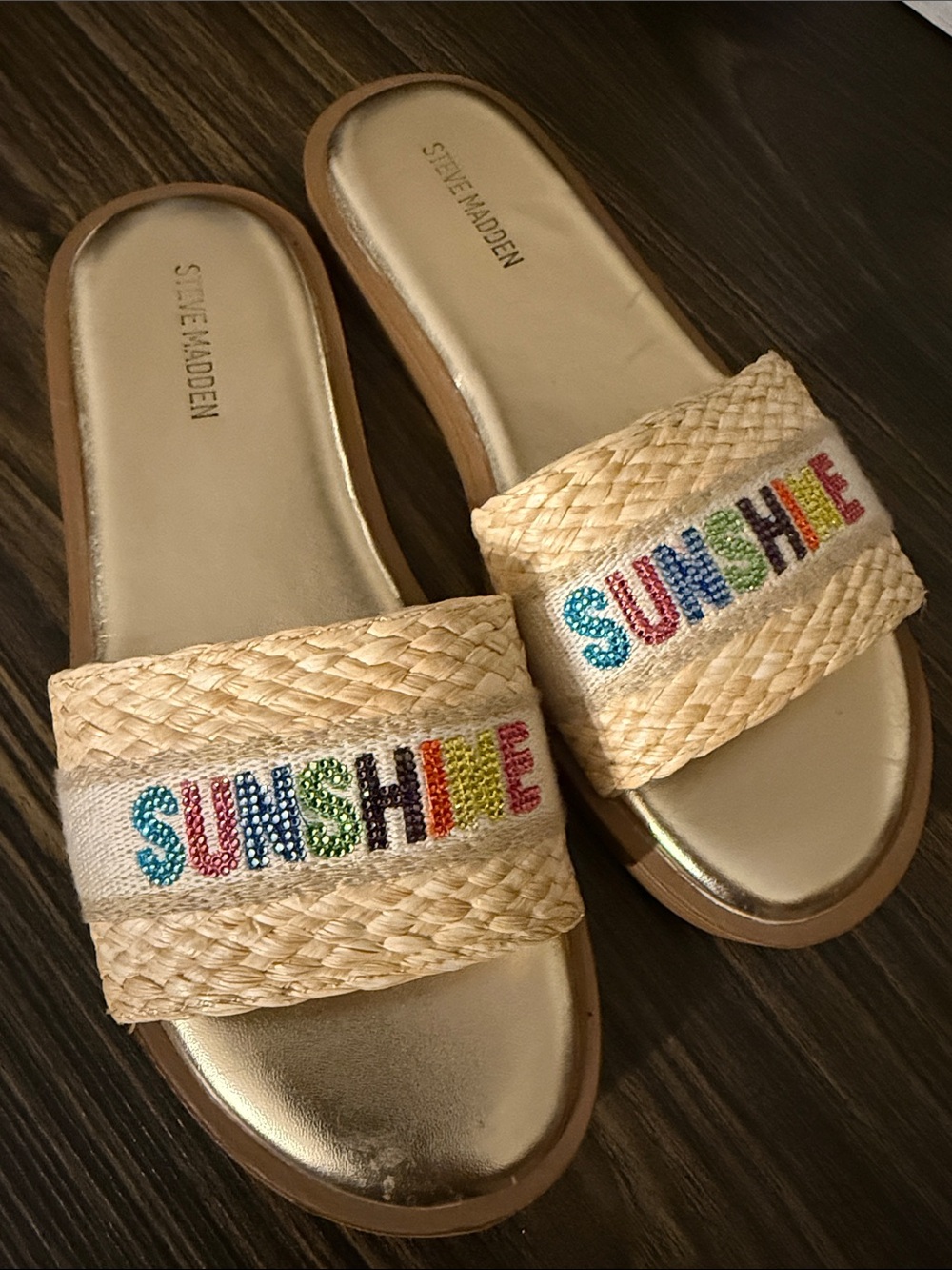 Steve Madden Rafia Slide Sandals with Multicolor rhinestones “SUNSHINE”